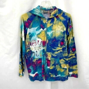 Additions by Chicos Women’s Lightweight Jacket 0 Blue Patterned Zip Up Hooded